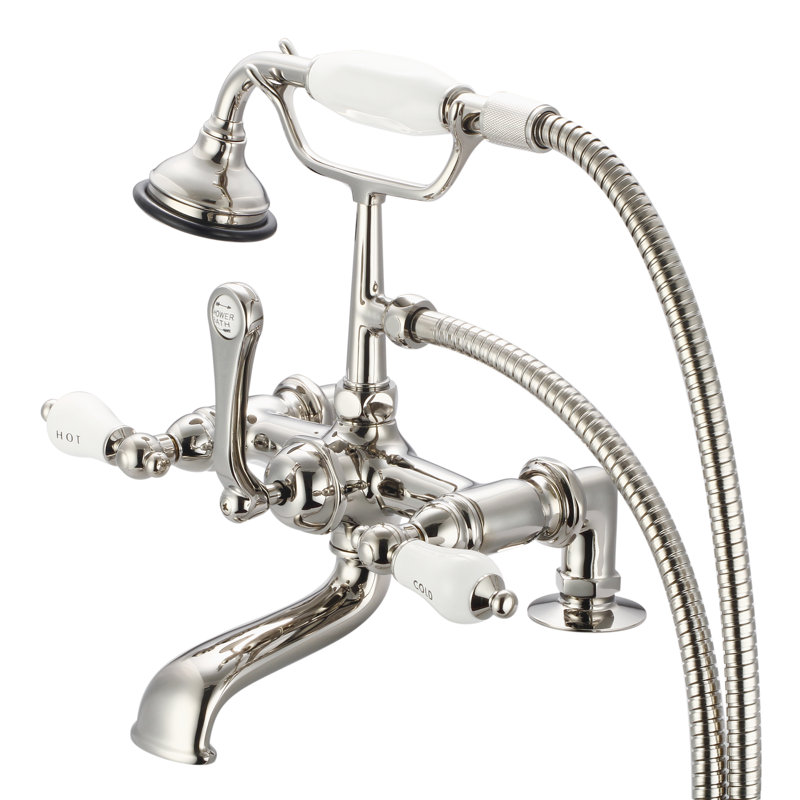 Stonington 3 Handle Deck Clawfoot Tub Faucet, Hot and Cold Labeled Porcelain Lever Handles, Polished Nickel