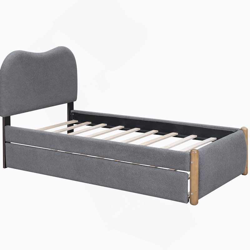 Lit plateforme tapissier avec pieds de support en bois et lit gigogne simple, Simple, gris