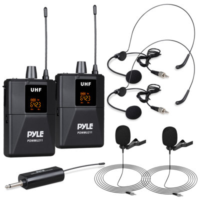 Pyle Dual Uhf Microphone System - Portable Professional Cordless Microphone Set Wireless Mic Kit W/Headset / Lavalier Mic, Beltpack Transmitter, Recei