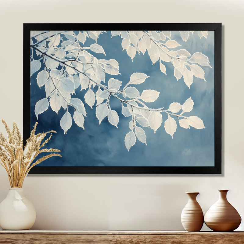 «White Frosted Leaves Branches III», art mural sur toile, Reproduction encadrée d'une seule photo, H 34 po x l 44 po, Noir
