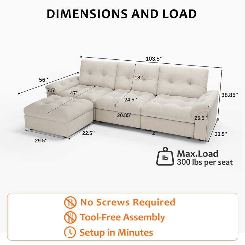 Canapé modulaire 103,5 po Cloud, Chenille beige, H 38,85 po x l 103,5 po x P 56 po