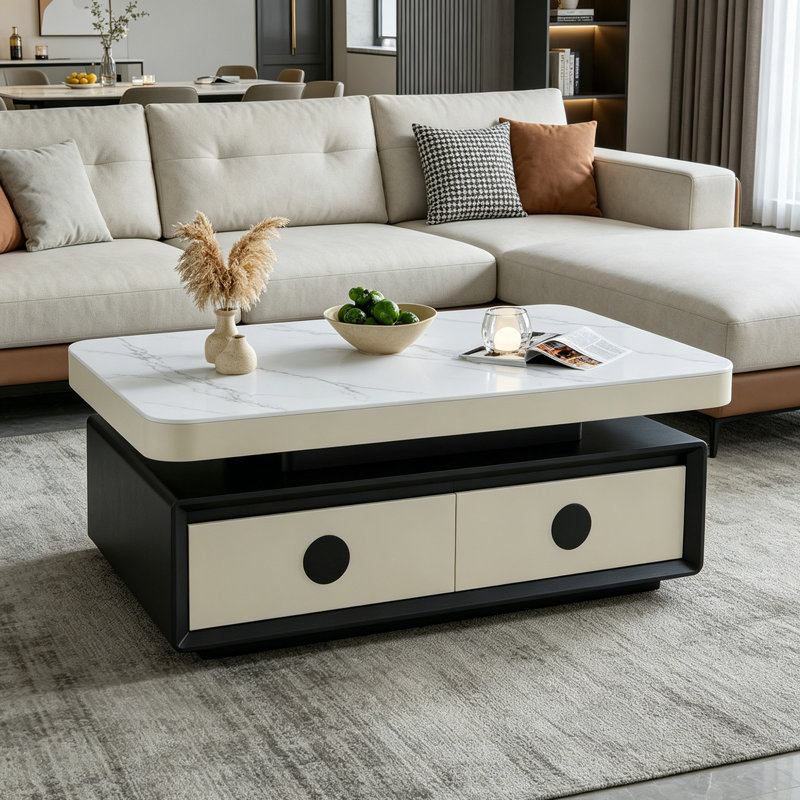 Table basse à 4 tiroirs Modern Minimalisme, H 17,71 po x L 51,18 po x l 27,55 po, Noir / blanc