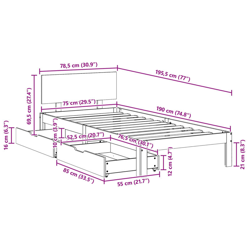 Solid Wood Bed, Small Single (2'6)