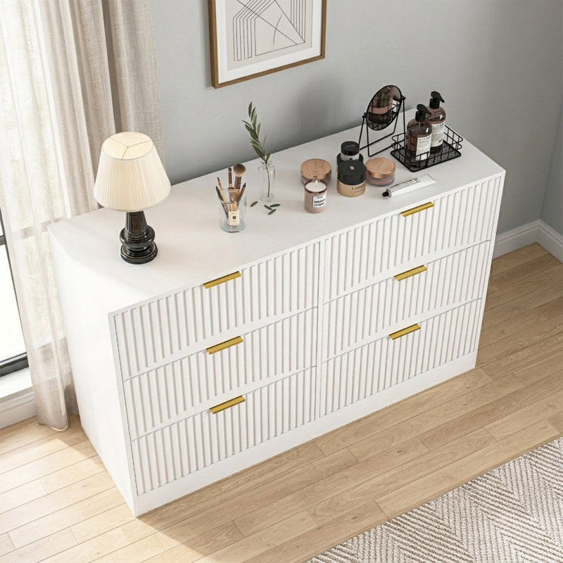 Commode 6 tiroirs cannelée, grande commode, Blanc