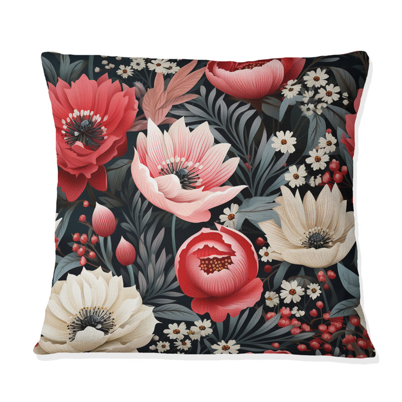 Coussin décoratif rétro à motif de coquelicots roses rétro, H 16 po x l 16 po