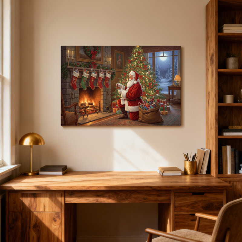 Père Noël de Noël au coin du feu avec arbre et bas, H 16 po x l 24 po