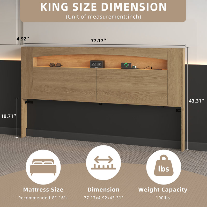 King Headboard, Storage, RGB LED Lighting, USB & AC Charging Station, Recessed Baseboard – Modern Wood Bedroom Furniture