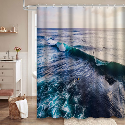 Surfer Waves Ocean Sunset Beach Aqua Shower Curtain with 12 Hooks
