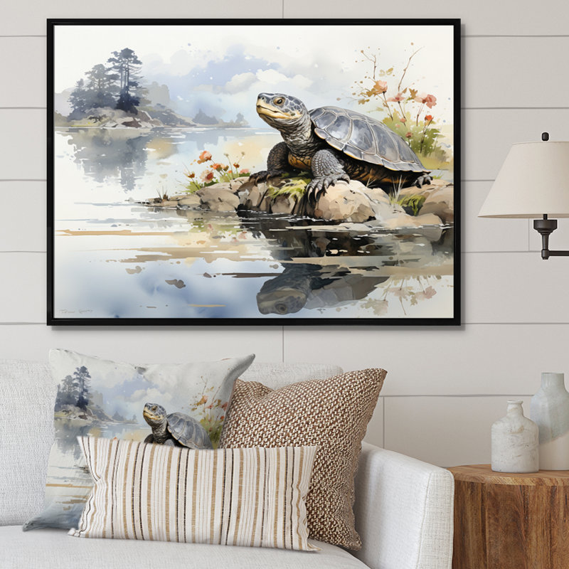 Art asiatique, tortue Sumi I - impression, H 30 po x l 40 po x P 1,5 po, Cadre flottant noir