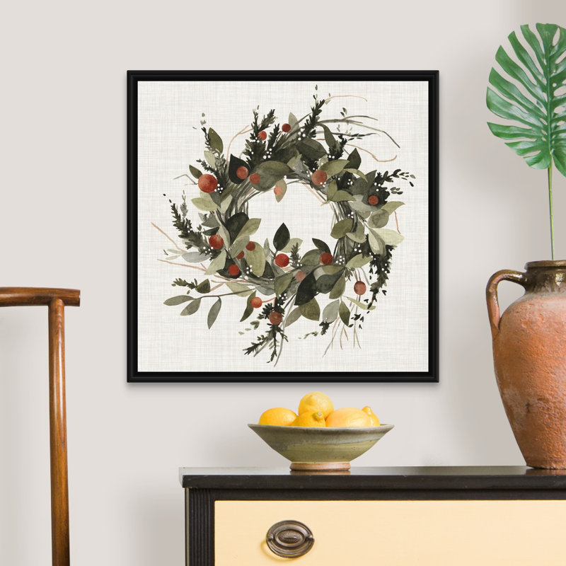 « Farmhouse wreath II » par Emma Scarvey, reproduction d’art sur toile, H 26 po x l 26 po x P 1,75 po, Cadre noir