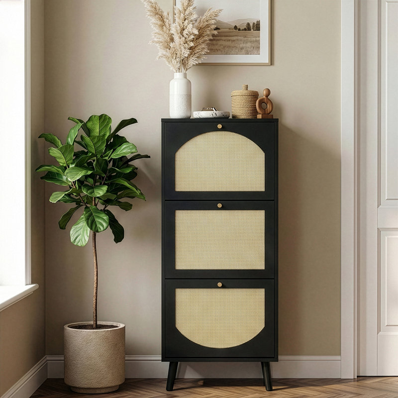 Rattan Panel 3 Flip-Drawer Shoe Cabinet 21.26" W, Black