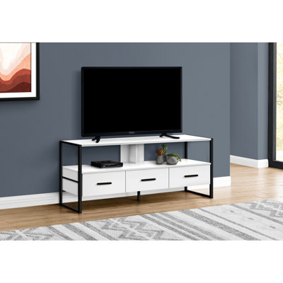 Meuble télé contemporain de 48 pouces, meuble multimédia avec tiroirs, stratifié blanc et métal noir, pour la chambre à coucher du salon, s'adapte à la console de présentoir de 80 à 89 téléviseurs, rangement, look moderne pour la chambre à coucher