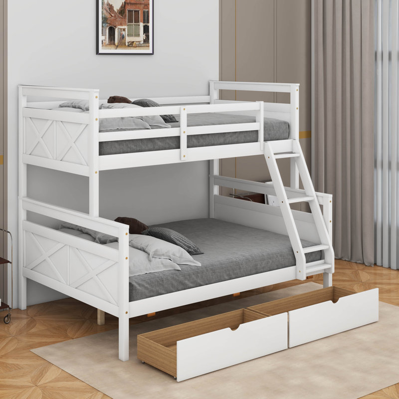 Lit simple superposé au dessus d'un lit double avec deux tiroirs de rangement, Blanc