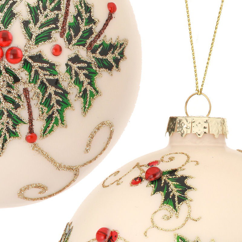 4" Glass Jewel Holly Vine Ball Ornaments