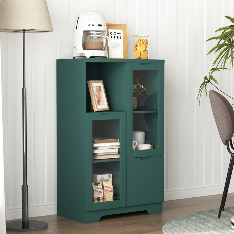 Wooden Floor Cabinet with 2 Glass Doors and 2 Storage Spac, Green