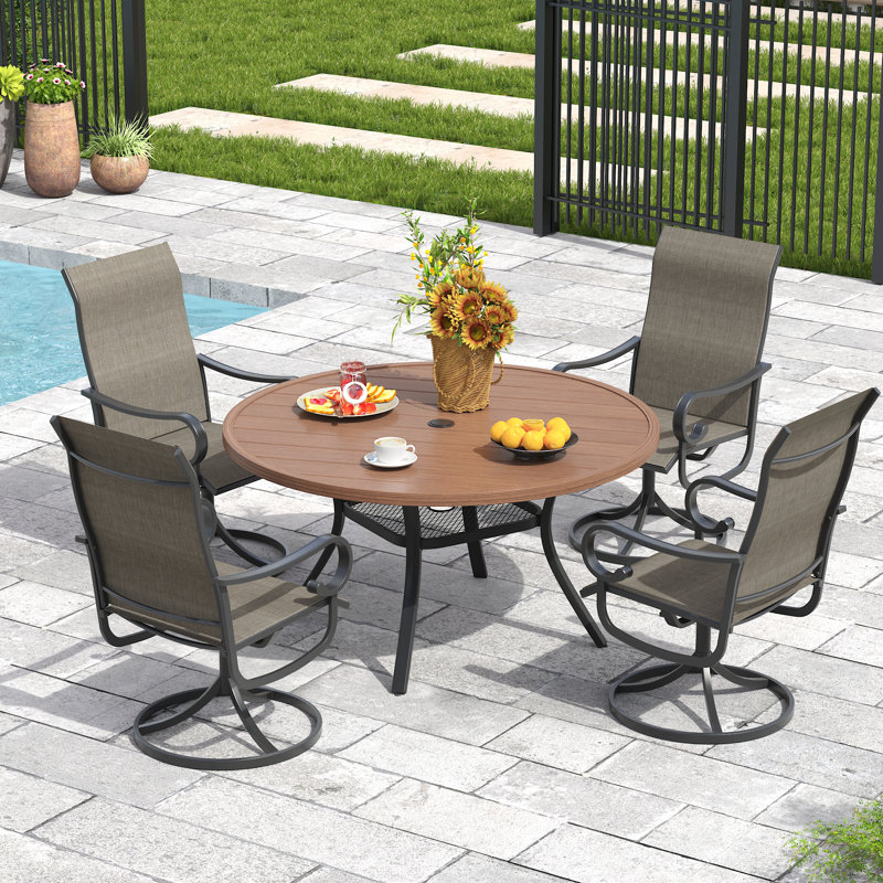 Ensemble de salle à manger d'extérieur pour 4 personnes avec chaise pivotante, Walnut/Black/Brown
