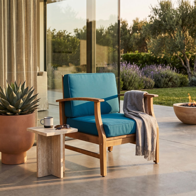 Chaise de patio avec coussins Apolinario, Coussin bleu / structure en teck