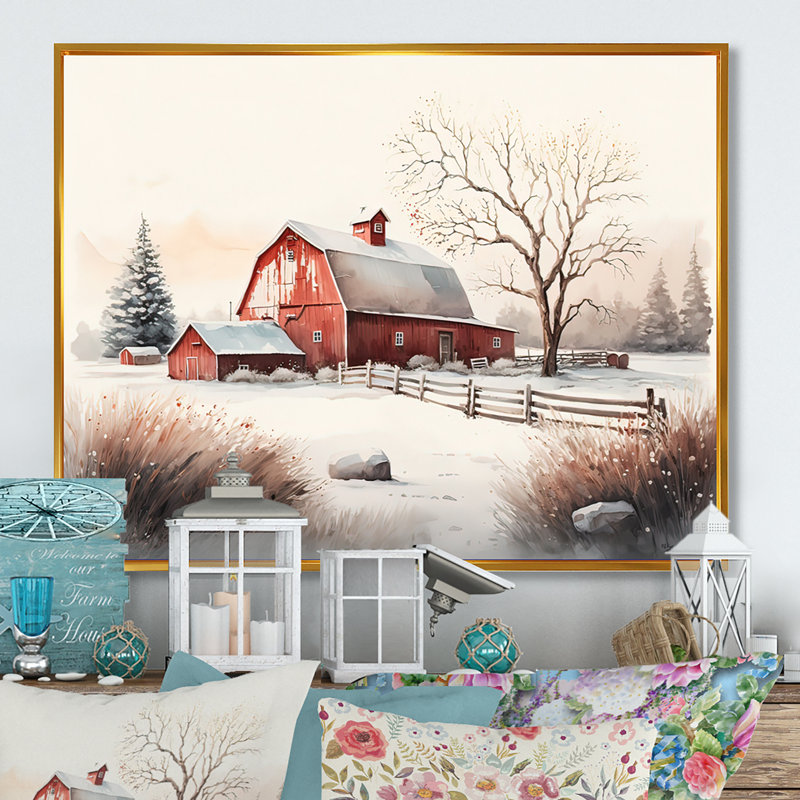 Calm Red Barn In Winter V - ferme / campagne, art mural sur toile, H 16 po x l 32 po x P 1 po, Cadre flottant doré