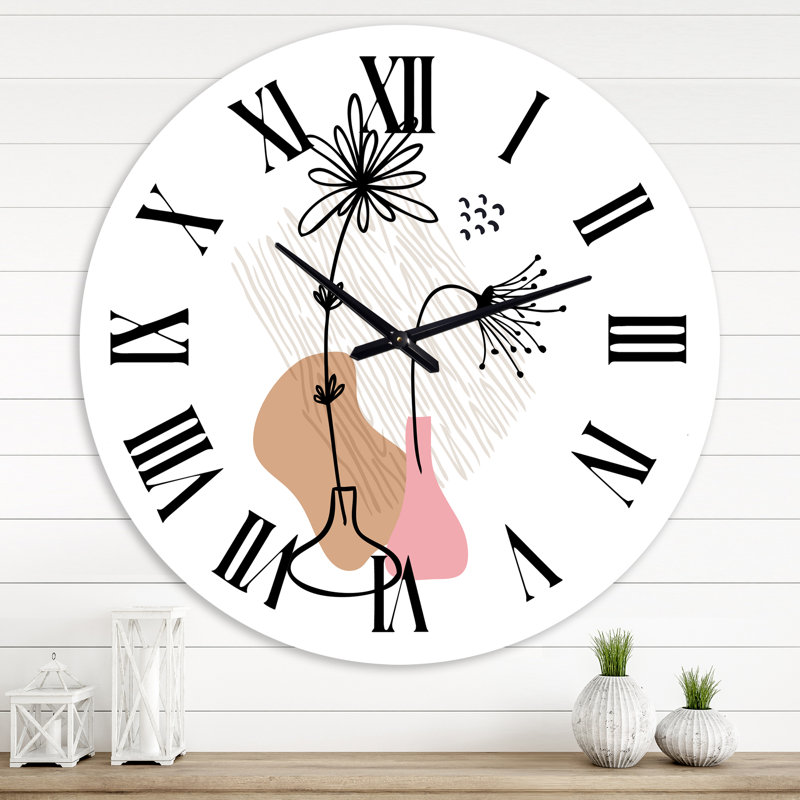 Fleurs abstraites sur formes minimalistes III - Horloge murale moderne, Surdimensionné