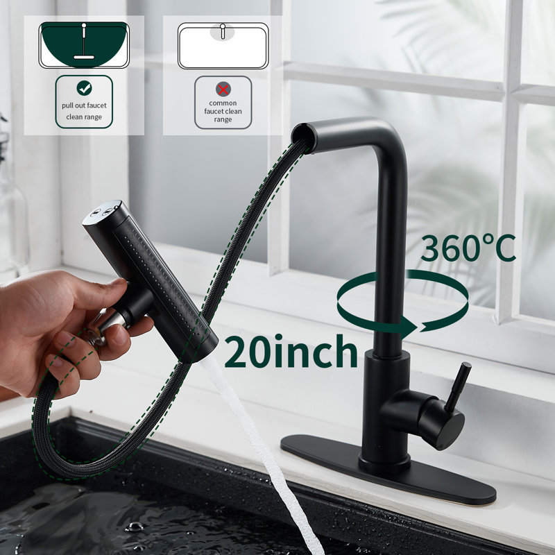 Pull Down Single Handle Kitchen Faucet With Deck Plate 4 Spray Function, Matte Black