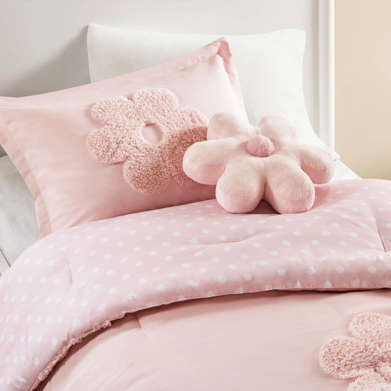 3 édredon en chenille à motif floral rose avec coussin décoratif et garniture de lit simple réversible lavable à la machine