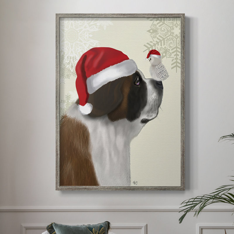 «Christmas St Bernard and Fluffy Owl», reproduction encadrée - bois massif, H 21 po x l 17 po
