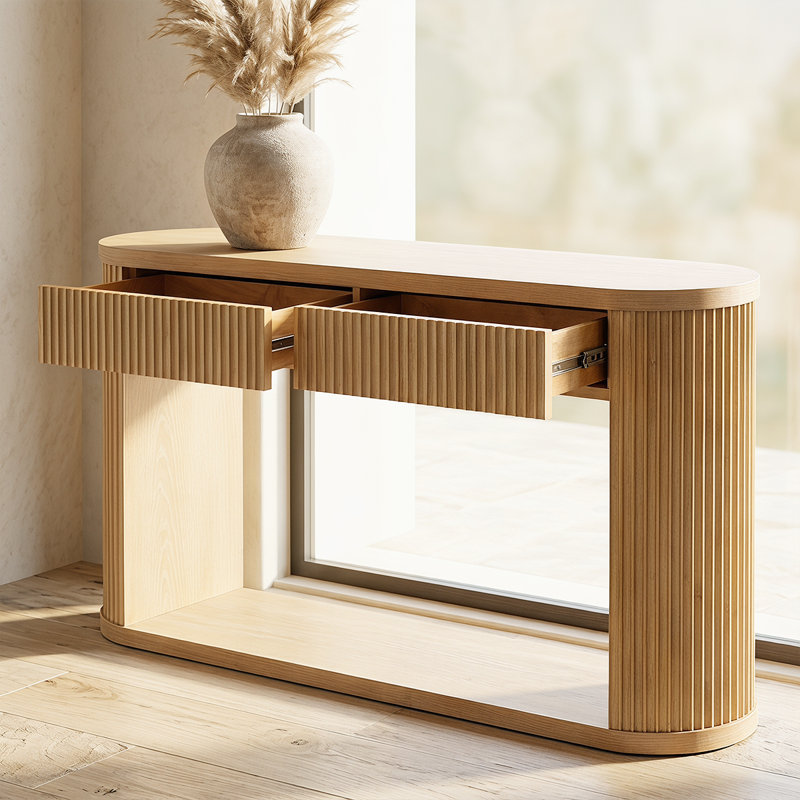 Console élégante avec design cannelé, glissières en métal et tablette de rangement ouverte, Naturel