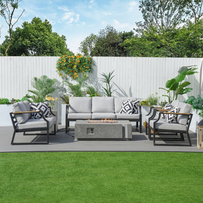 Flinda Metal 7 - Person Outdoor Seating Group With Fire Pit And Cushions