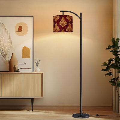 Arc Floor Lamp with Adjustable Lampshade Elegant Golden Damask Deep Red Standing Lamp 3 Color Temperatures Dimmable Tall Pole Lamp with Foot Switch for Bedroom