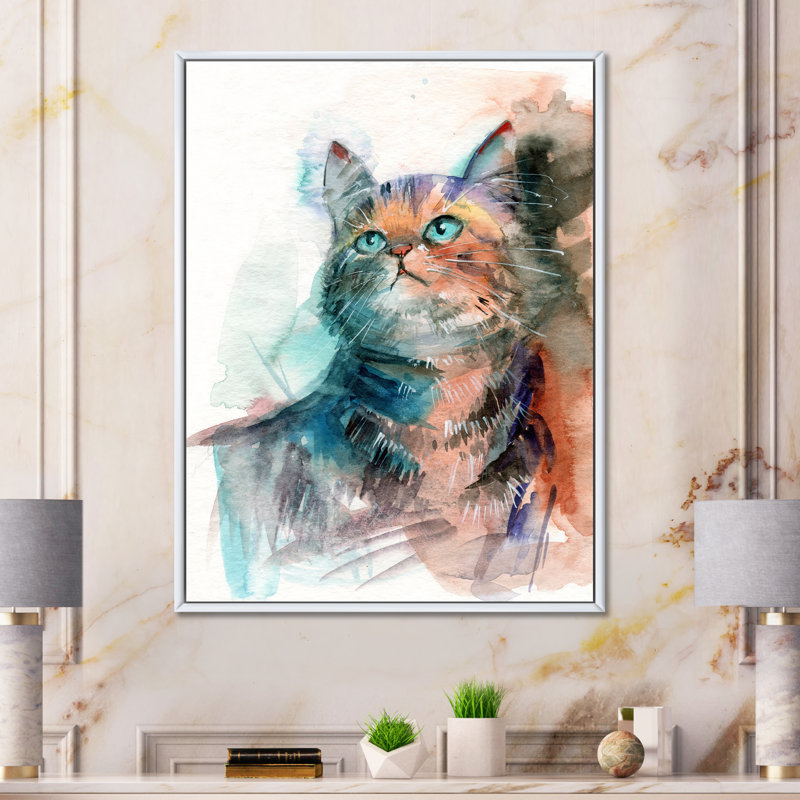 Petit chat gris aux yeux bleus - reproduction sur toile, H 40 po x l 30 po, Cadre flottant blanc