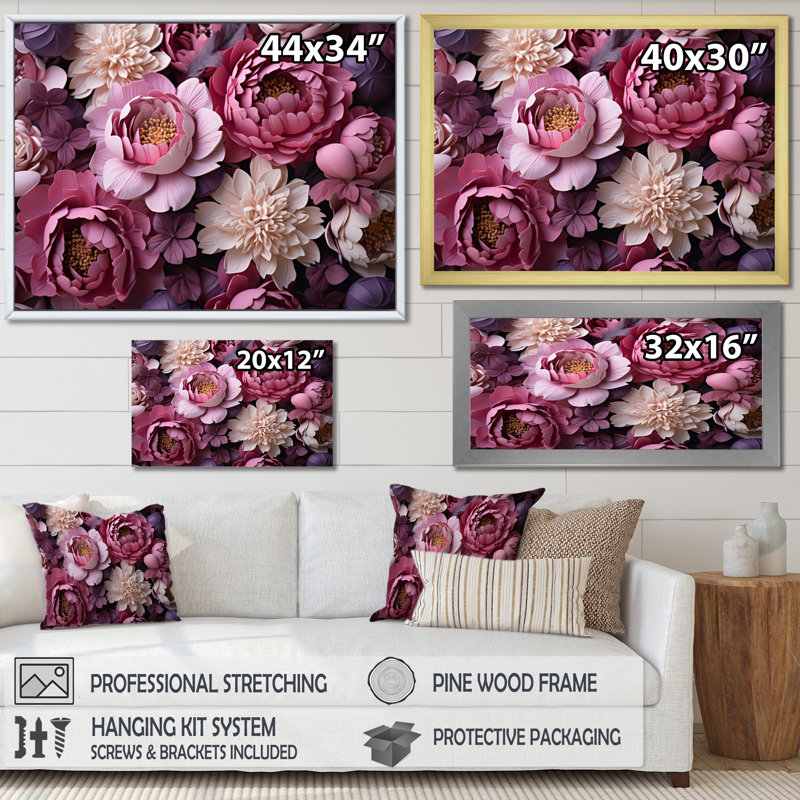Purple Peonies Bouquet - Floral Wall Decor, H 34 po x l 44 po x P 1,5 po, Toile tendue