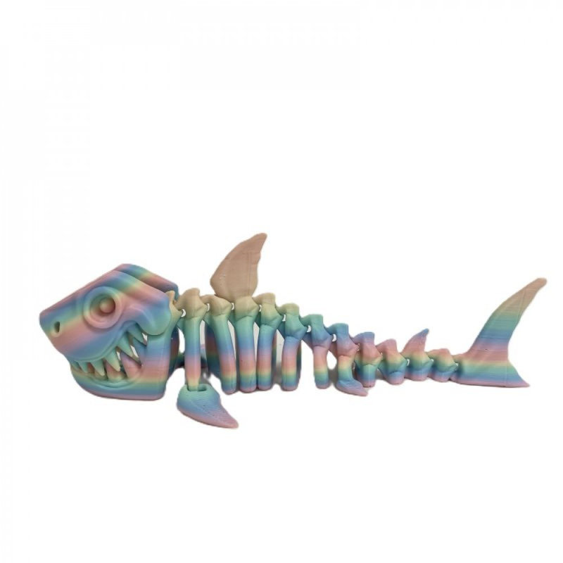 3D Printed Headed Shark Skeleton Figurine, 2" H x 0.5" W x 6.5" D, Multi