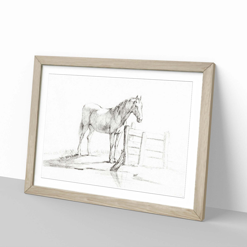 Horse by the Gate by Jean Bernard - Picture Frame Drawing Print, Oak Framed, 36cm H x 48cm W x 2cm D