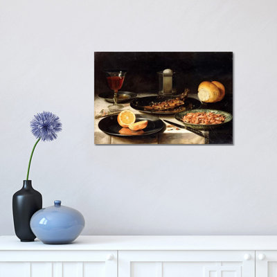A Herring with Capers and a Sliced Orange on Plates and a Bowl of Shrimp on a Table 1 Piece Wrapped Canvas Wall Art