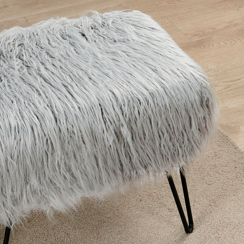 Keilia Upholstered Ottoman, Silver Cloud Faux Fur