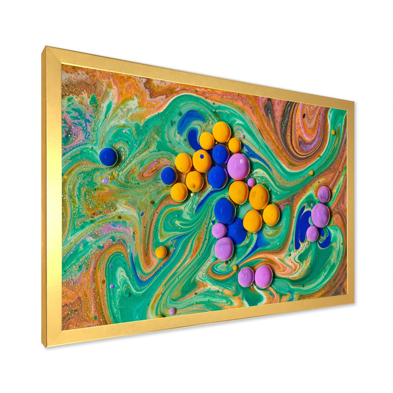 Abstrait fluide coloré bulles d'acrylique - peinture sur toile, Cadre doré, H 24 po x l 32 po x P 1 po
