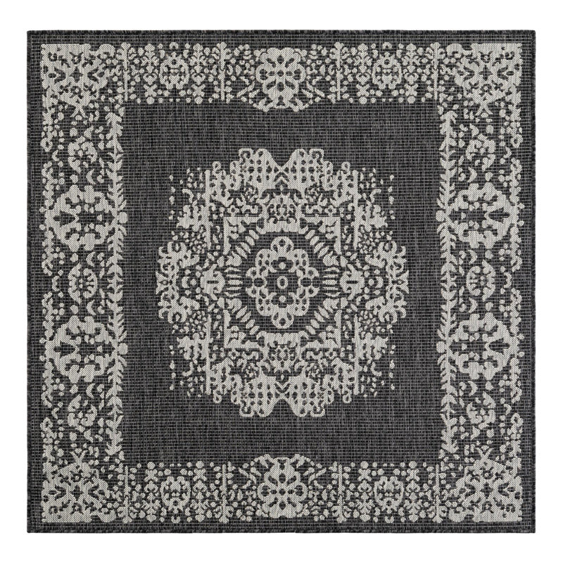 Cowart Oriental Charcoal Gray Area Rug, Square 6'1"