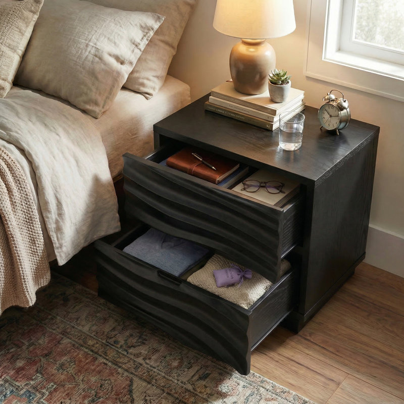 Table de chevet sans poignées, table de bout sans canapé pour salon et chambre à coucher Renley en bois massif avec 2 tiroirs, disponible en 2 couleurs
