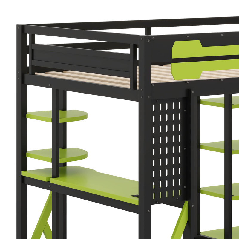 Lit mezzanine double en bois avec lumière RVB et tablettes, Noir / Vert