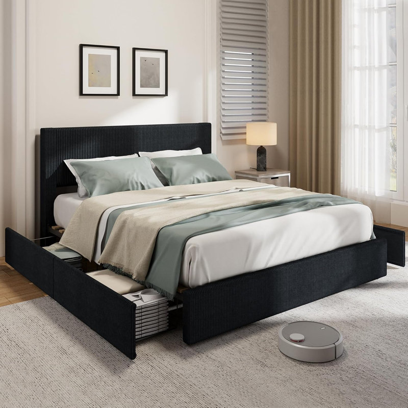 Corduroy King Bed Frame with Tufted Wingback Headboard, Upholstered Platform Bed with 4 Large Storage Drawers, No Box Spring Needed, Wood Slat Support, Noise Free, Easy Assembly, Black