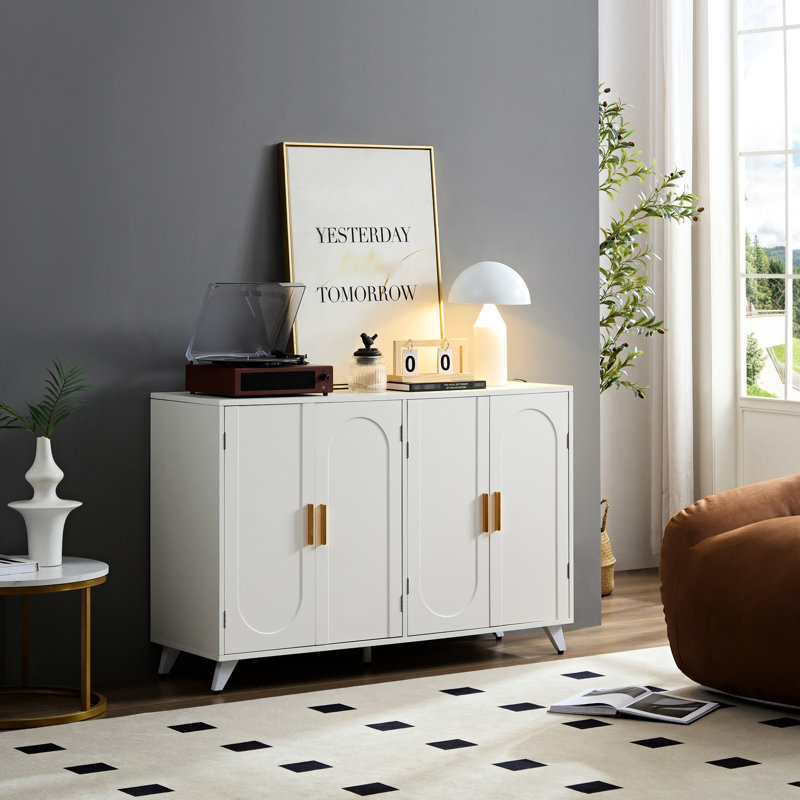 White Sideboard With 4 Doors And Removable Shelves, For Living & Dining Rooms, Ensures Large Storage Durability 4-door Buffet Cabinet, White, Rich Volume, Construction