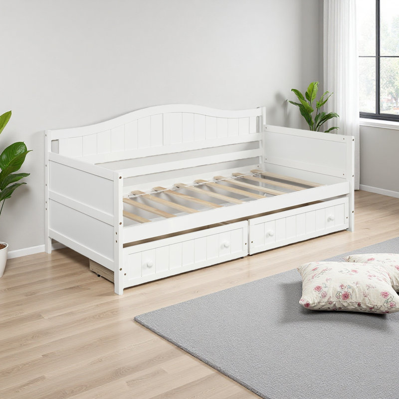Lit de jour simple en bois avec 2 tiroirs, canapé-lit pour le salon de la chambre à coucher, aucun sommier nécessaire, Blanc