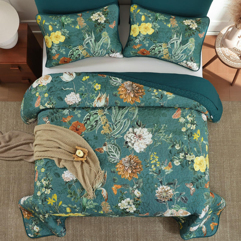Ensemble de courtepointe 3 pièces à motif floral en microfibre pour chambre à coucher pour utilisation toute saison, Noir