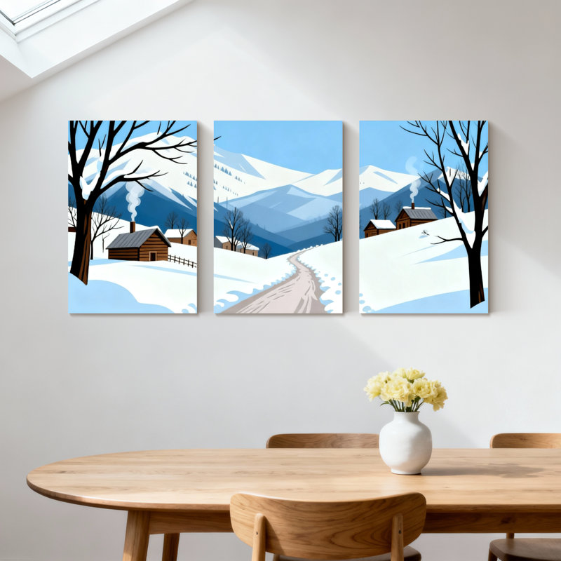 Ensemble de 3 impressions sur toile, paysage d'hiver avec montagnes enneigées et cabanes, H 30 po x l 60 po