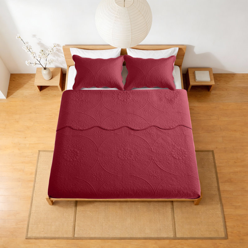 Moonlight’S Floral Embossed Queen Quilt Bedspread Sets – 3 Pieces, Burgundy