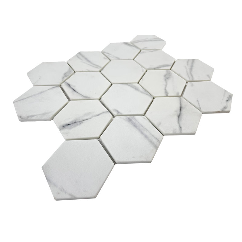 Vida Hex 12" x 11" Glass Mosaic Floor Use Tile, White/Gray