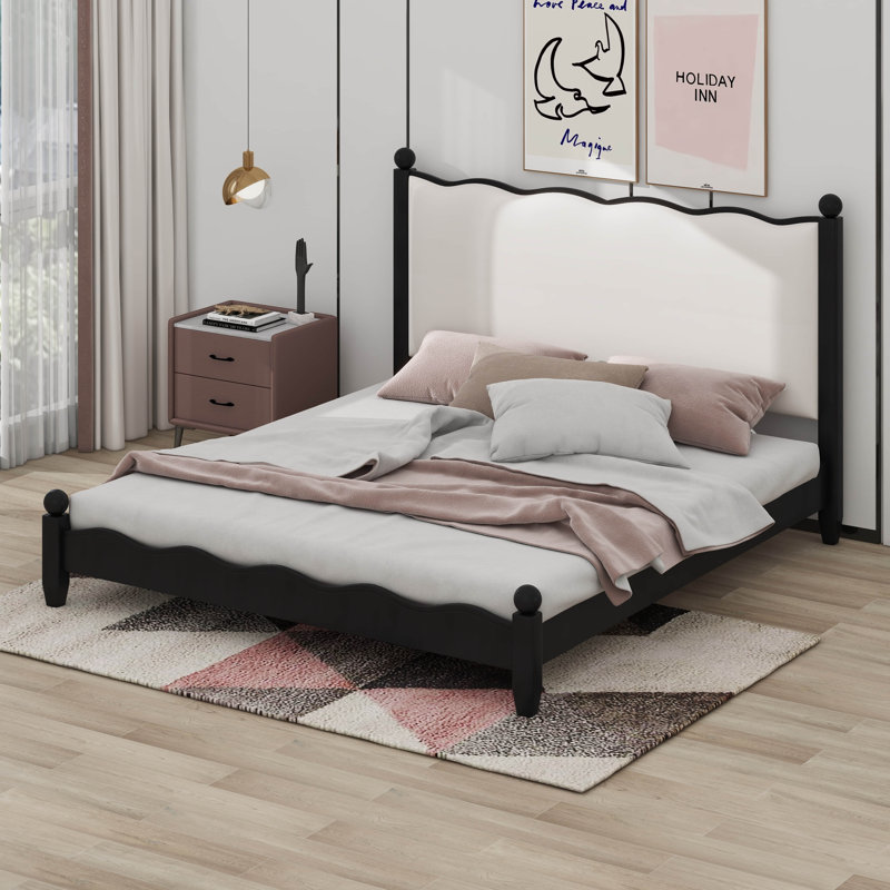 Wood Platform Bed With Upholstered Headboard, Black/Beige, Queen