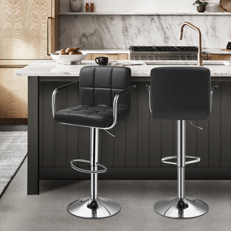 Faux Leather Adjustable Height Bar Stools, Swivel Counter Height Barstools Dining Chair with Armrest, Black