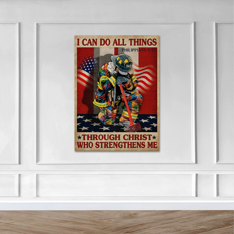 Impression sur toile tendue, "pompier sur drapeau de l'Amérique - I Can Do All Things", H 24 po x l 20 po x P 2 po