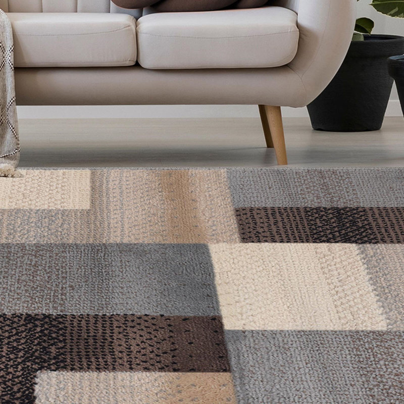 Tapis gris-brun 5 pi x 8 pi à tissage mécanique résistant aux taches